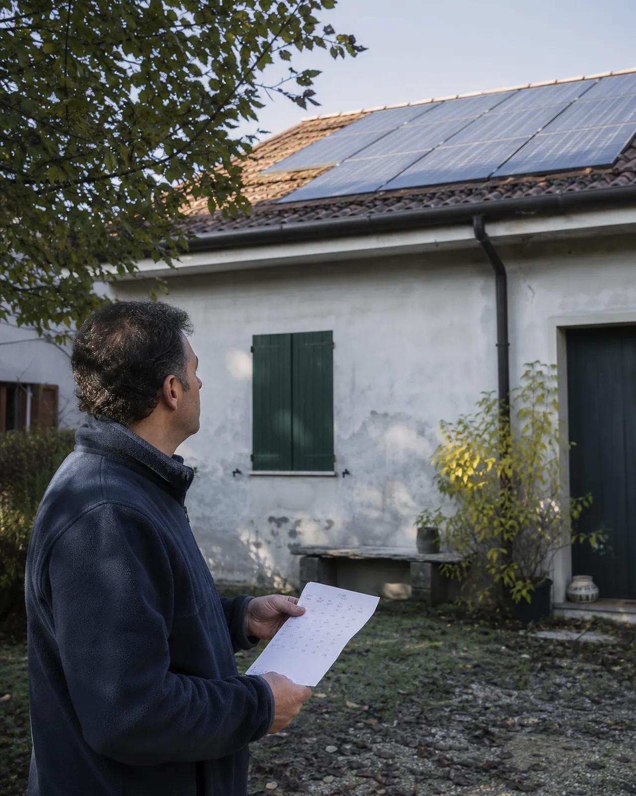 Proprietario osserva da terra i pannelli fotovoltaici della sua casa a Padova