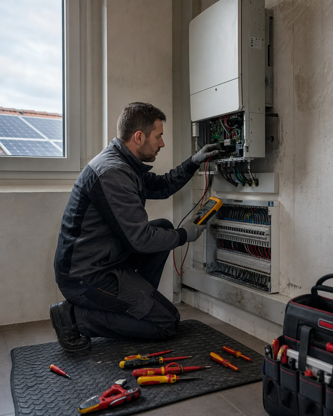 Tecnico qualificato controlla inverter e quadro fotovoltaico in una casa a Padova