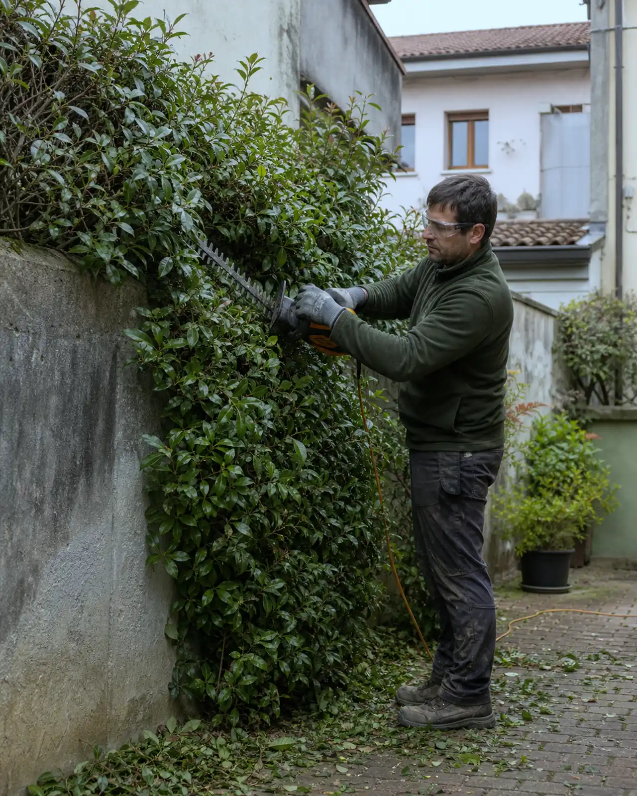 Giardiniere pota una siepe in un cortile residenziale a Padova