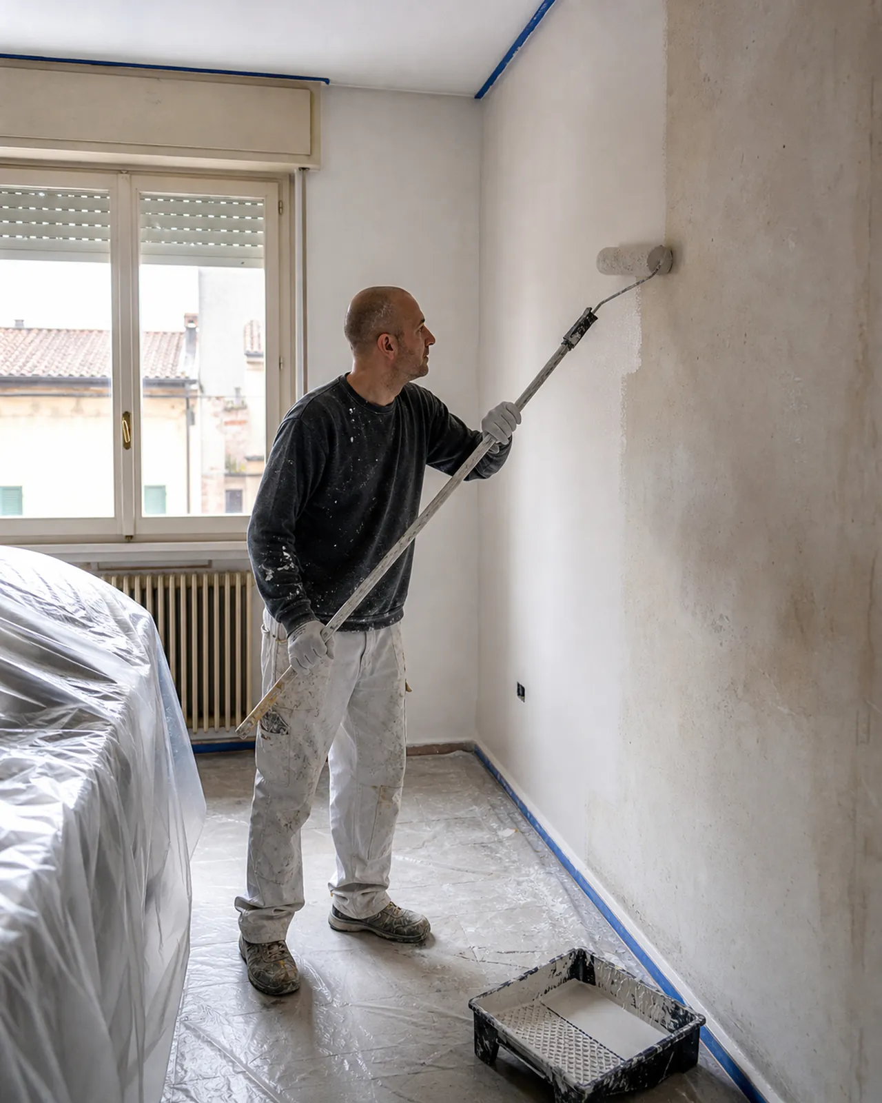 Imbianchino dipinge una parete protetta in un appartamento a Padova