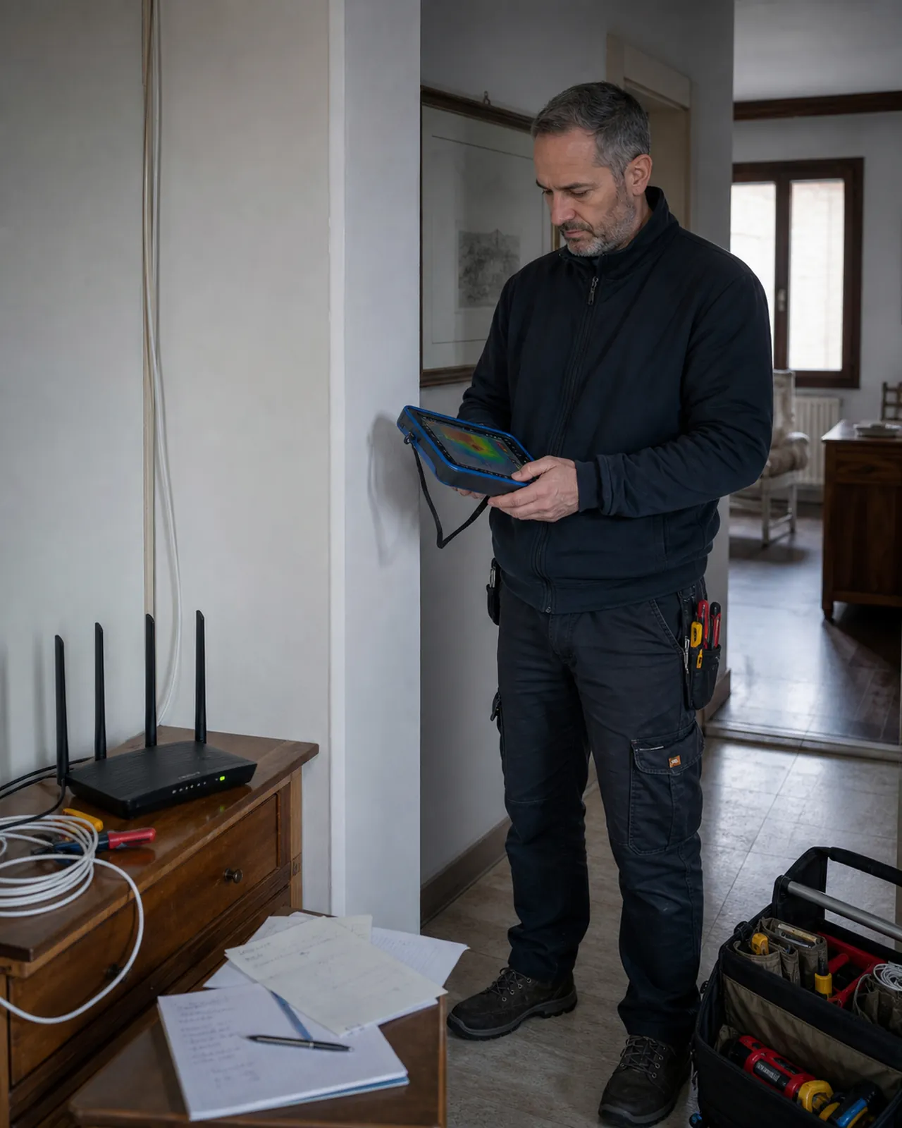 Tecnico misura la copertura Wi-Fi in un appartamento a Padova