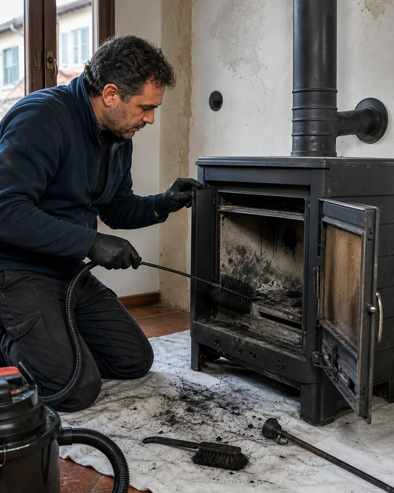 Tecnico pulisce una stufa a legna spenta in una casa vicino a Padova