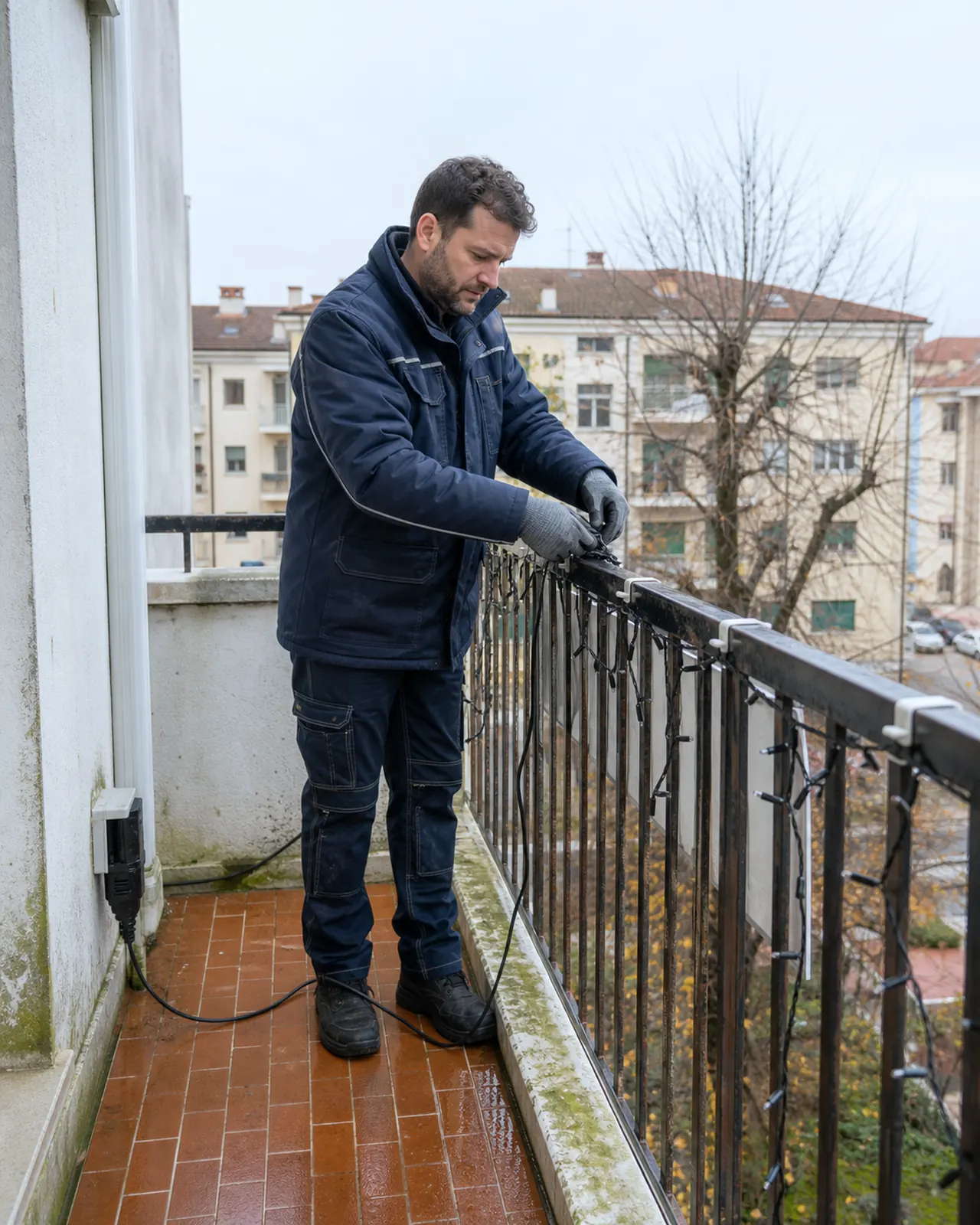 Elettricista installa luci adatte all'esterno su un balcone a Padova