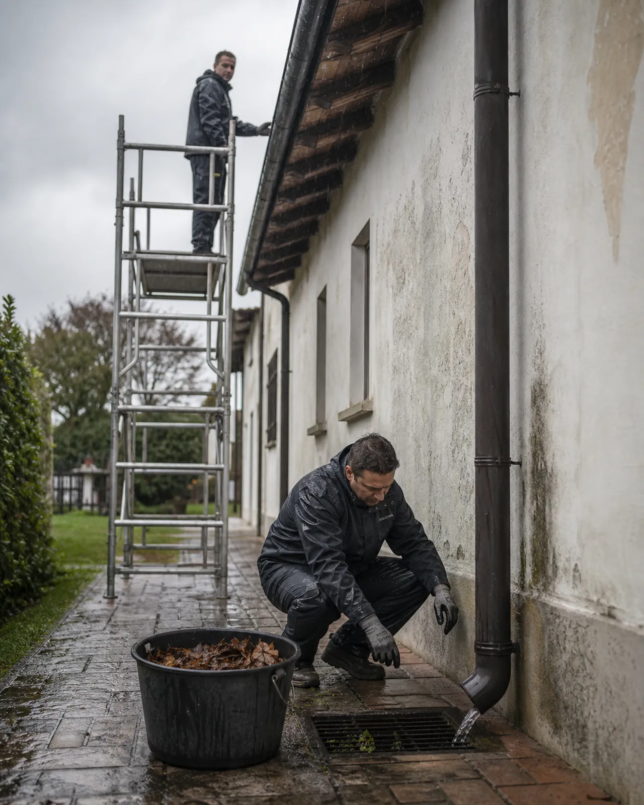 Addetto controlla il deflusso del pluviale dopo la pulizia in una casa a Padova