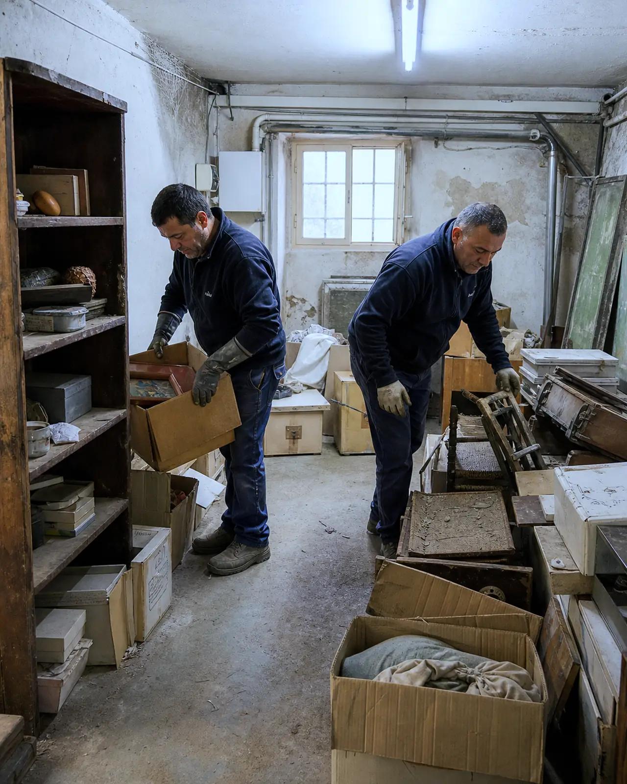 Due persone selezionano scatole e vecchi oggetti in una cantina a Padova