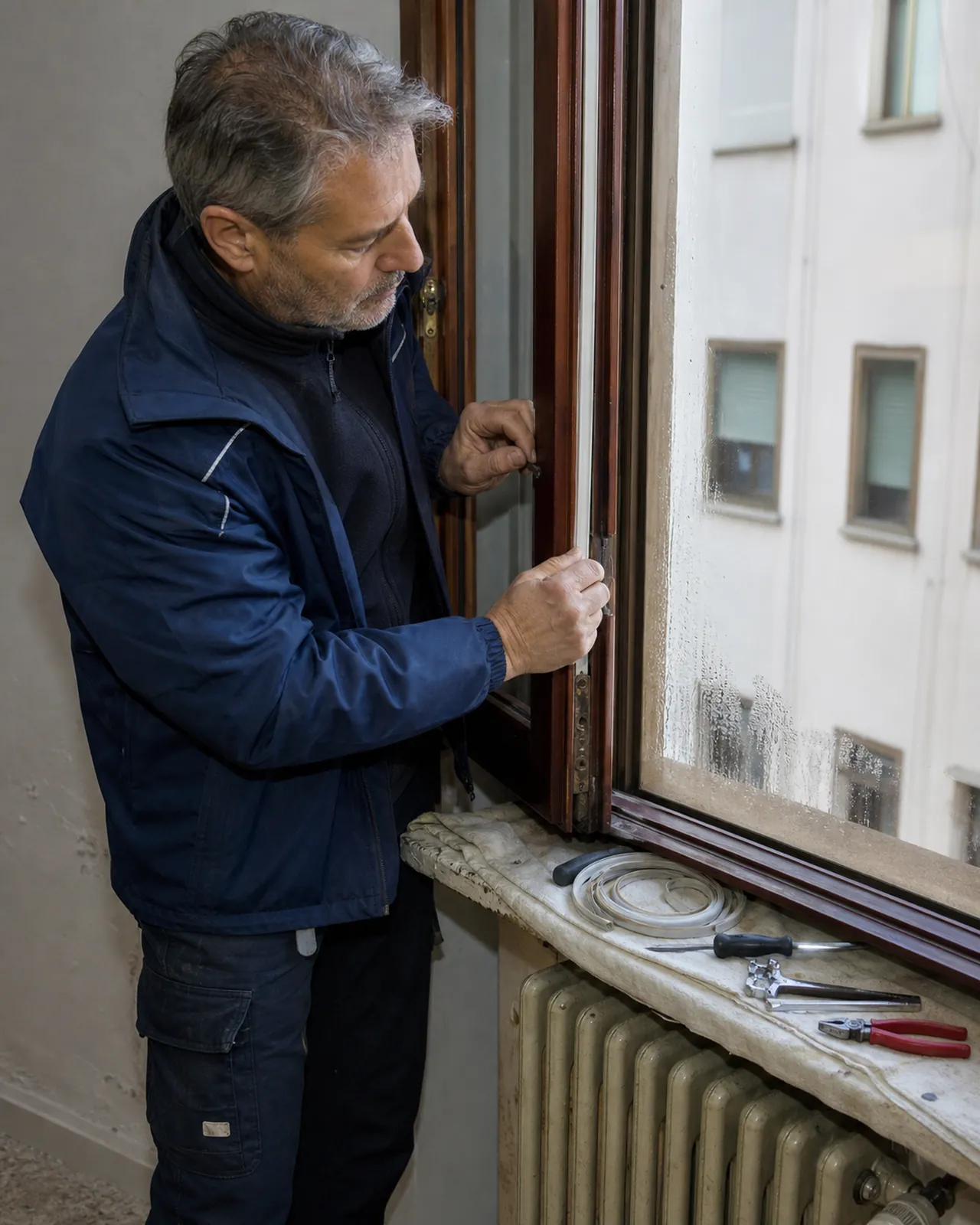Tecnico sostituisce la guarnizione di una finestra prima del freddo a Padova