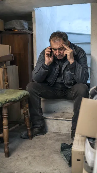 Un artigiano seduto in un magazzino aspetta una chiamata di lavoro