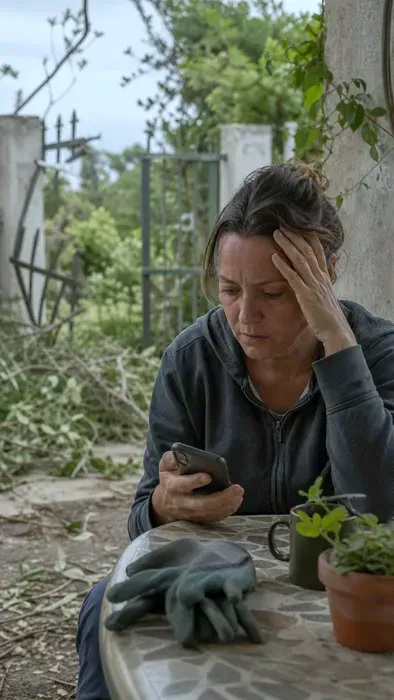 Una donna in giardino con i rami tagliati da portare via cerca aiuto dal telefono