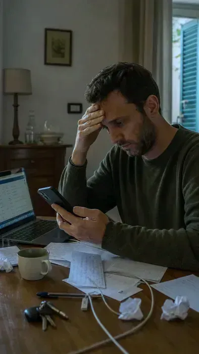 Un uomo confronta preventivi confusi tra fogli e telefono