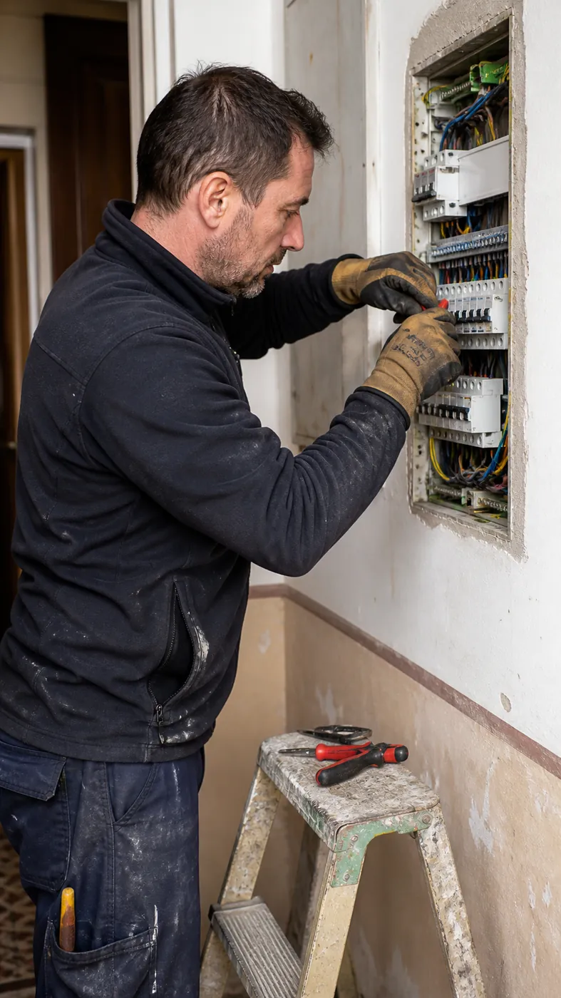 Un elettricista al lavoro su un quadro elettrico a Padova